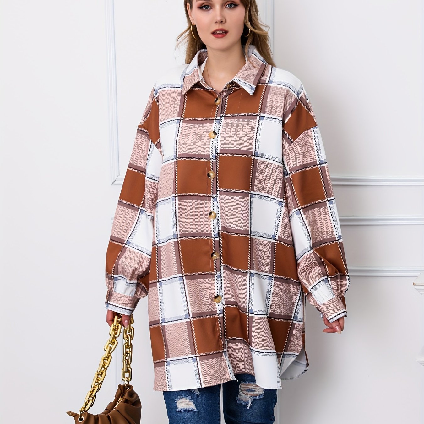 Plaid Print Button Up Long Sleeve Tunic Shirt Top