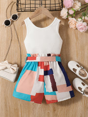 2pc Toddler Girls Ribbed Knit Tank Tops & Belted Shorts Set