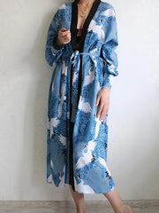 Crane Animal Print Long Sleeve Kimono Cover Up Shirt