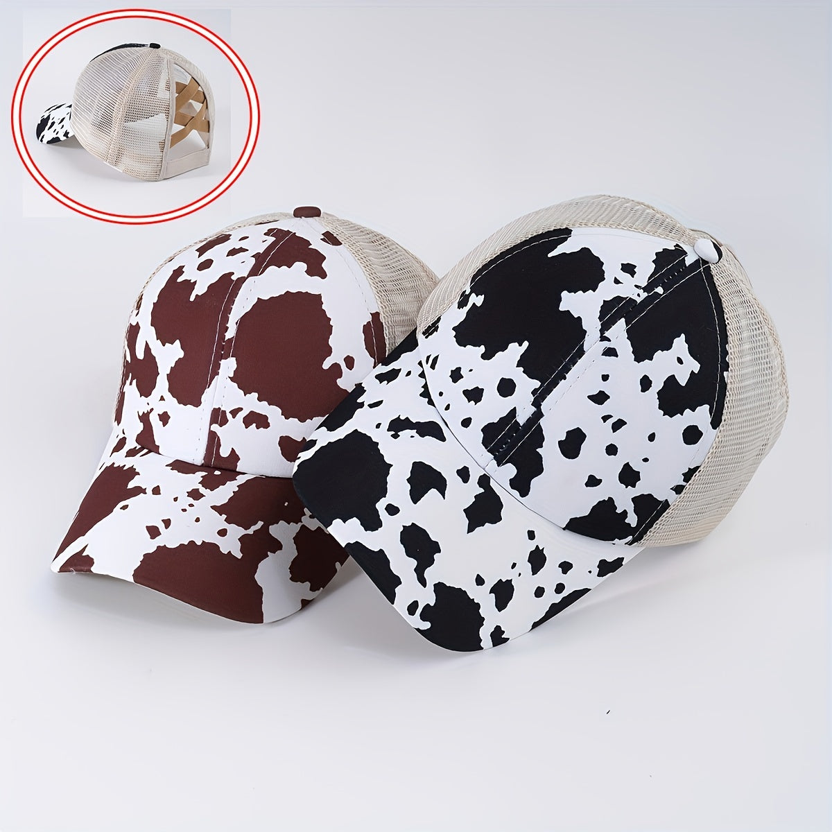 Cow Print Ponytail Baseball Cap Mesh Trucker Hat