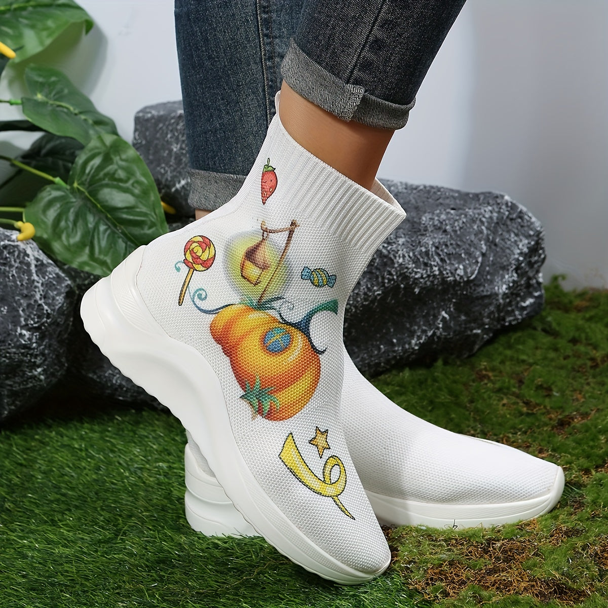 Women's Halloween Pumpkin Print Stretch Sock Boots