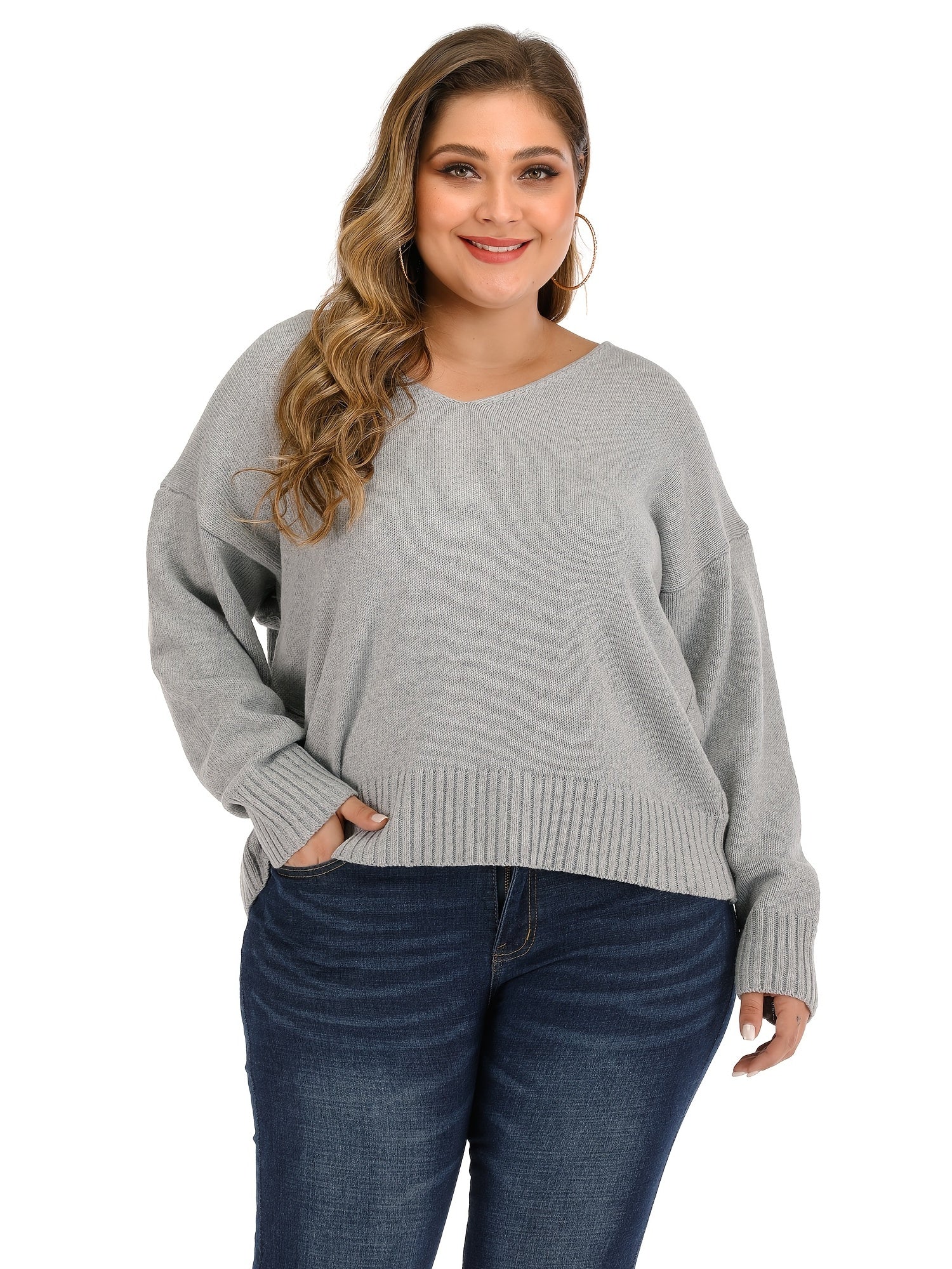 Solid V Neck Pullover Sweater Women's Plus Casual Sweater