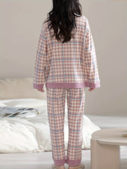 Houndstooth Print Pajama Set V Neck Top & Pants