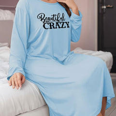 Art Letter Print Long Sleeve Round Neck Tee Sleep Dress