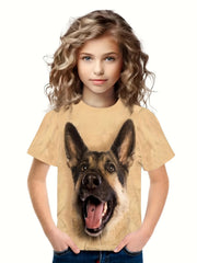 3D Puppy Graphic Crew Neck Tshirt Girls Casual Pullover Tops