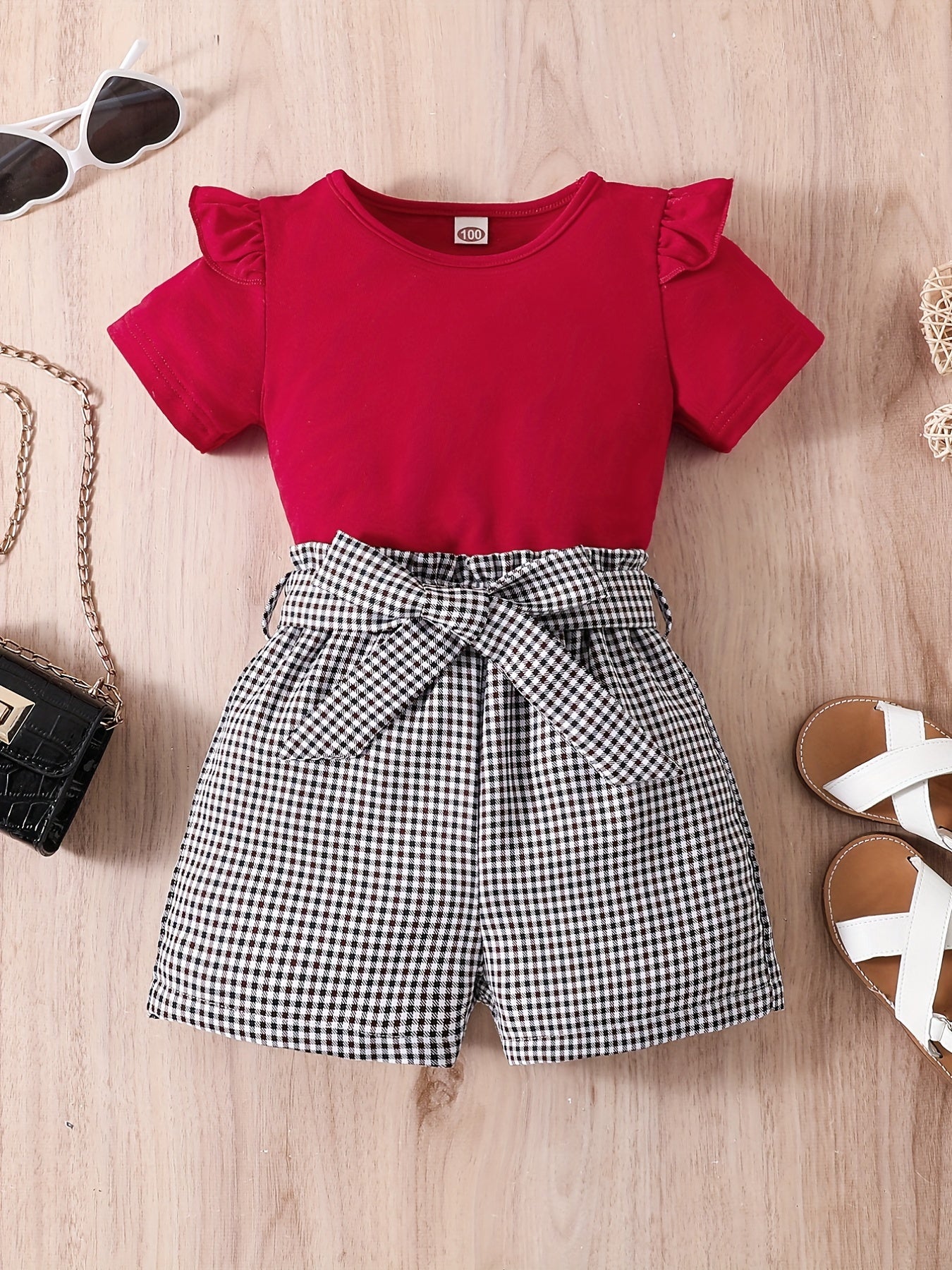 Girls Ruffled Short Sleeve Tee & Plaid Shorts Set with Belt