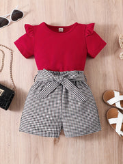 Girls Ruffled Short Sleeve Tee & Plaid Shorts Set with Belt