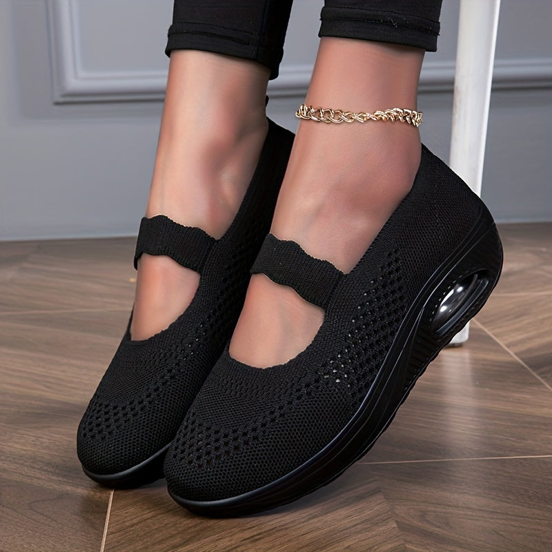 Solid Knit Walking Shoes Ankle Strap Slip On Air Cushion Casual Sneakers