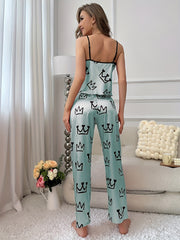 Crown Print Pajama Set V Neck Cami Top & Elastic Waistband Pants