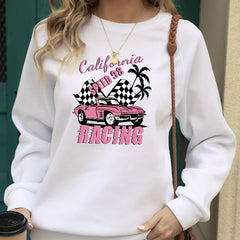 California Racing Print Crew Neck Sweatshirt for Women