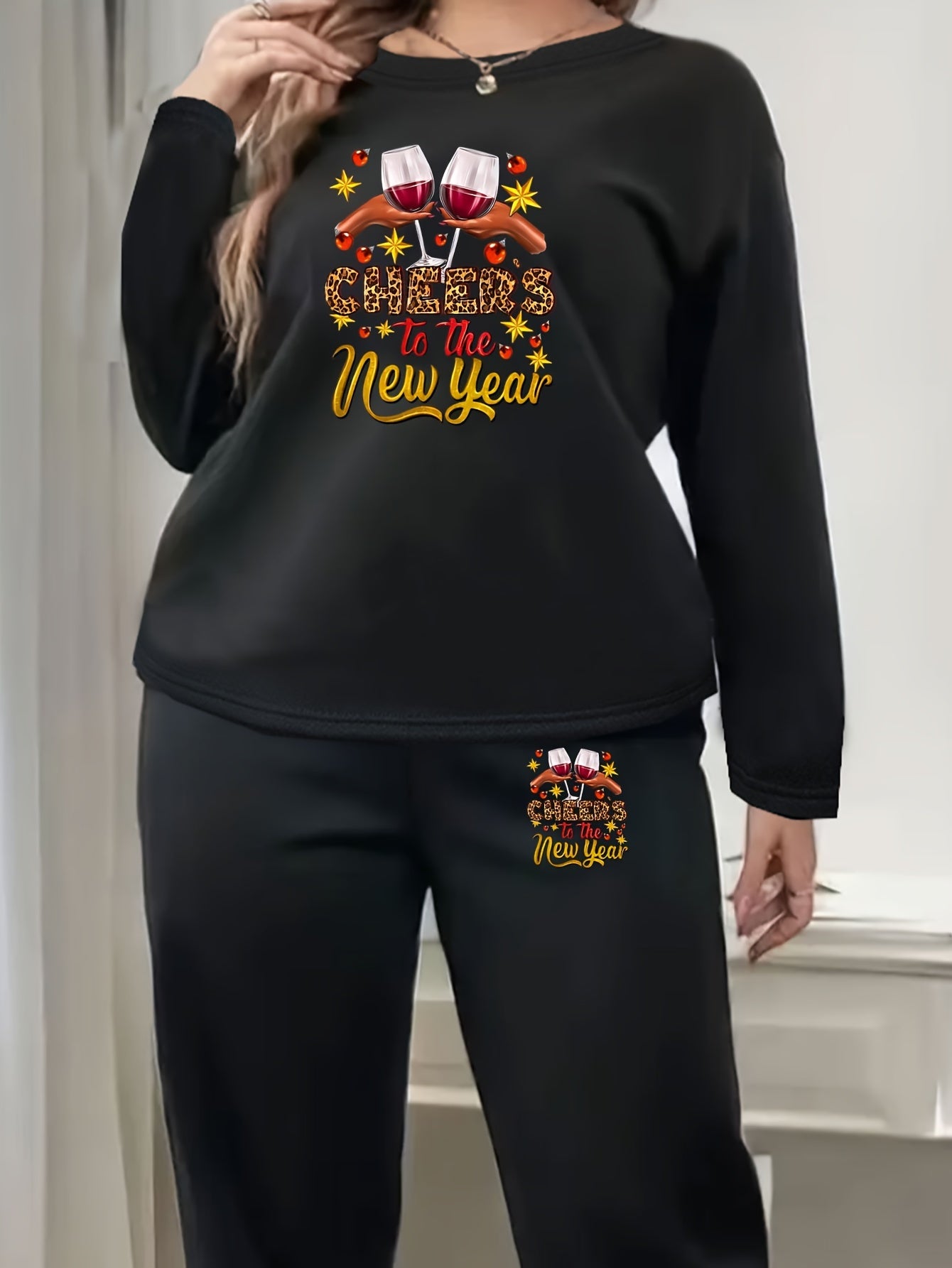 Plus Size Cup & Slogan Print Fleece Lounge Set