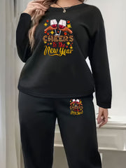 Plus Size Cup & Slogan Print Fleece Lounge Set
