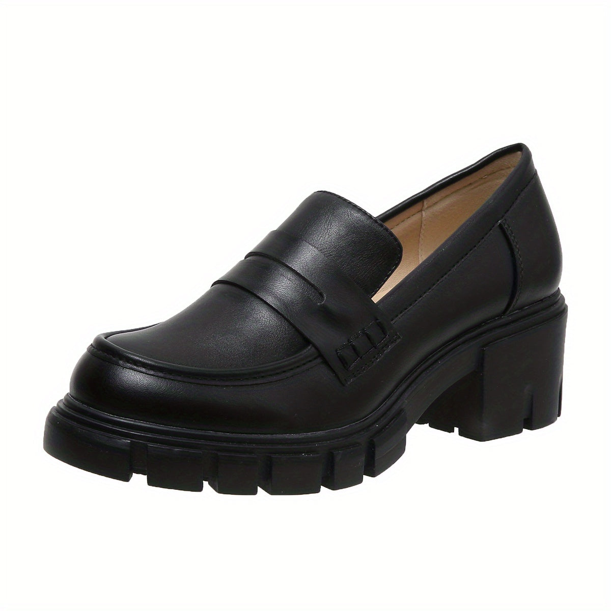 Chunky Heeled Loafers Round Toe PU Leather Shoes