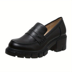 Chunky Heeled Loafers Round Toe PU Leather Shoes