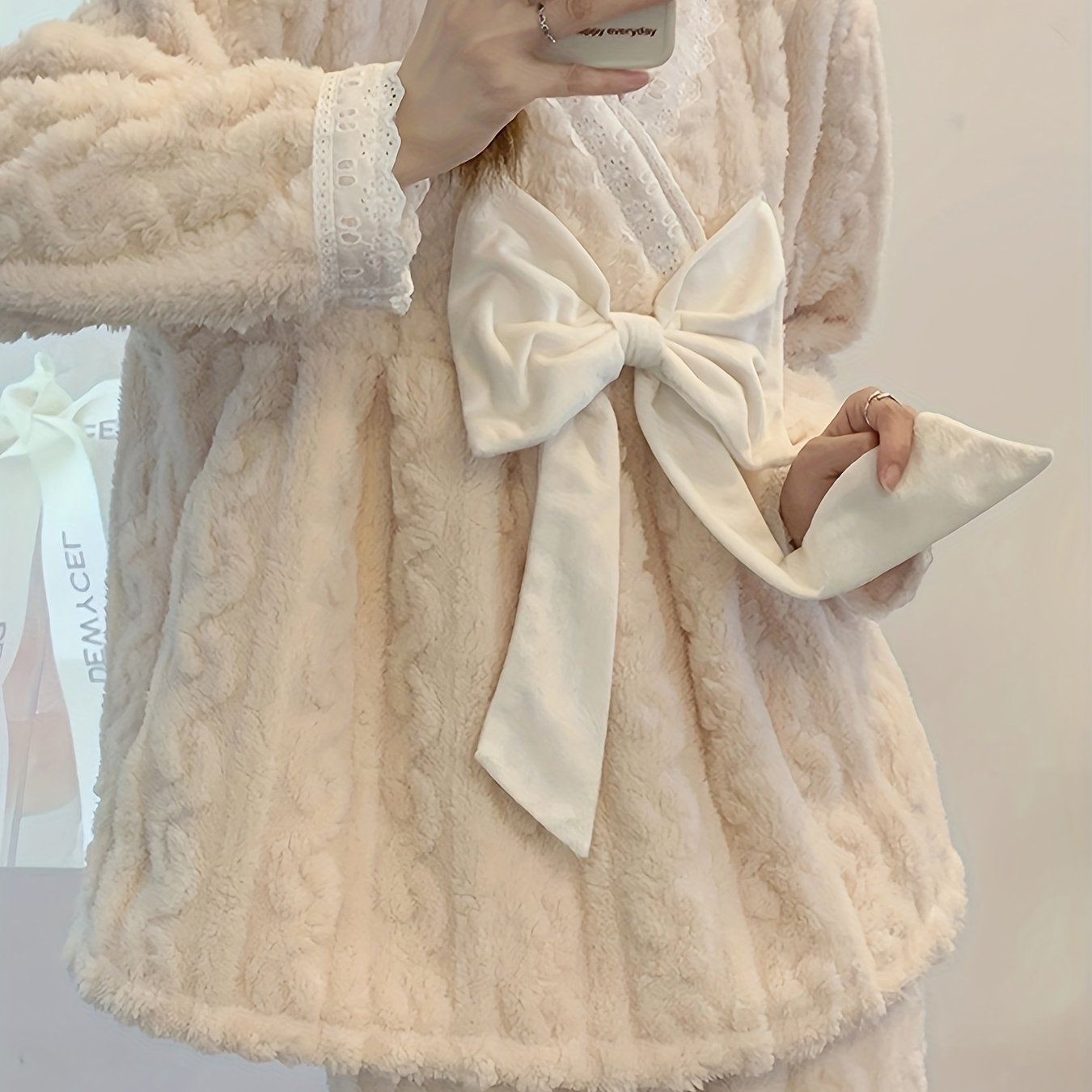 Plush Bow Sleepwear Set Women's Lingerie