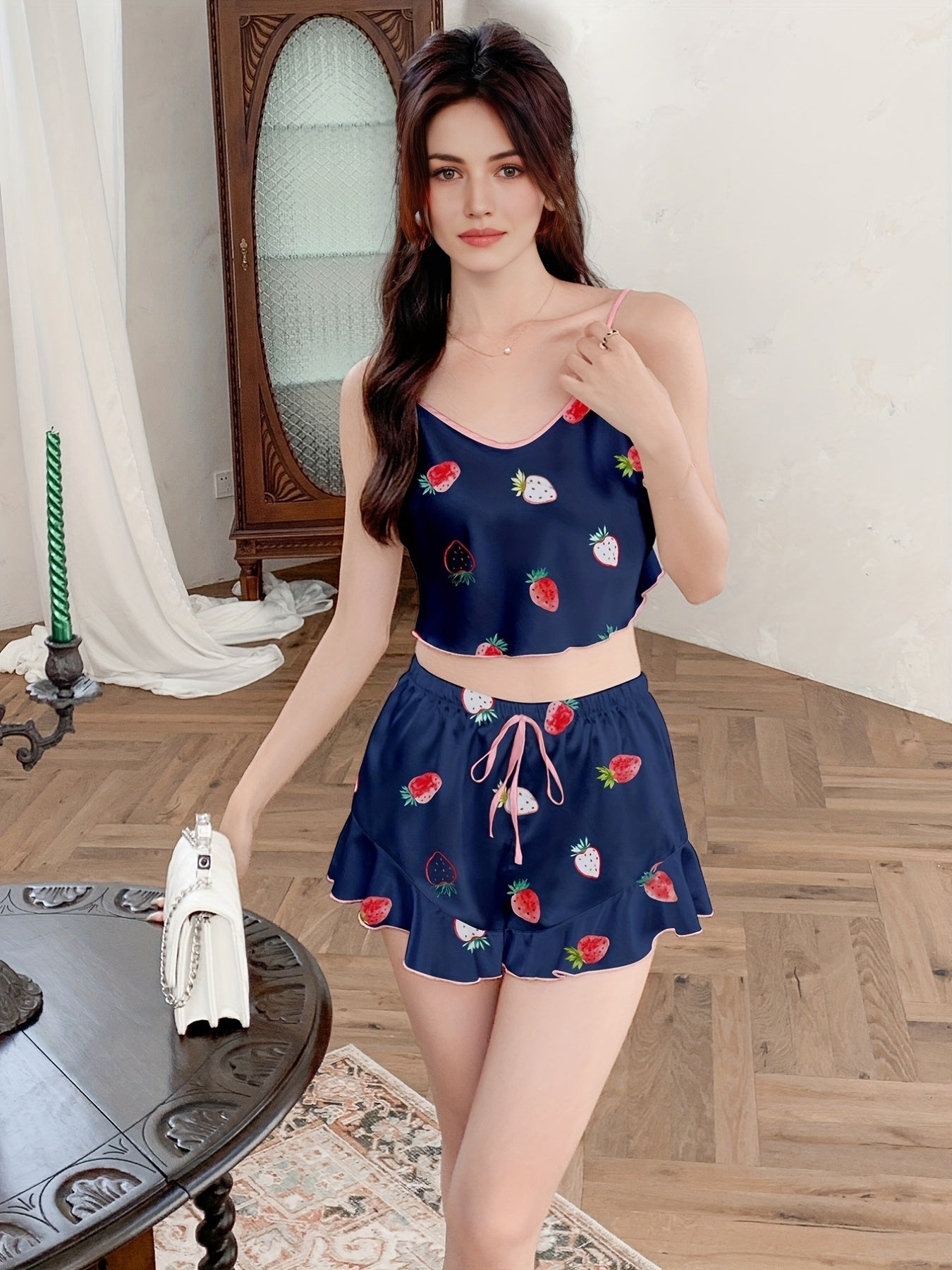 Strawberry Print Pajama Set V Neck Cami Top & Ruffle Shorts