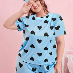 Heart Print Pajama Set - Short Sleeve Top & Shorts Lounge Set