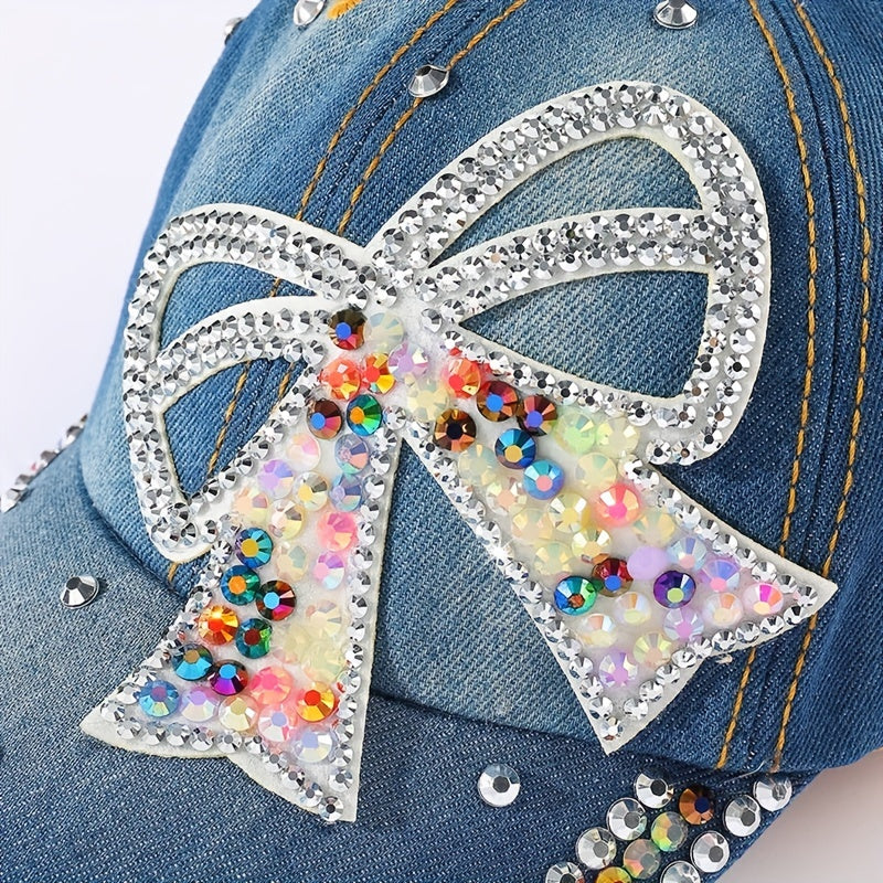 Rhinestone Bow Patch Baseball Cap Denim Washed Distressed Dad Hat