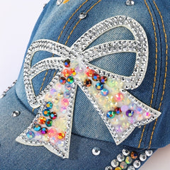 Rhinestone Bow Patch Baseball Cap Denim Washed Distressed Dad Hat
