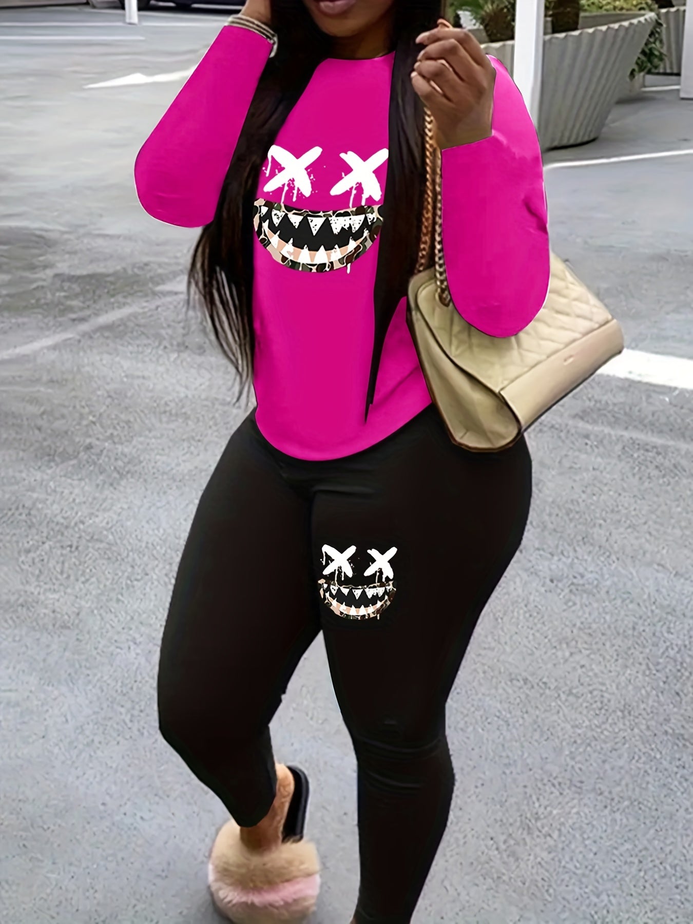 Funny Face Print Top & Leggings Set
