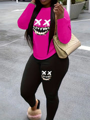 Funny Face Print Top & Leggings Set