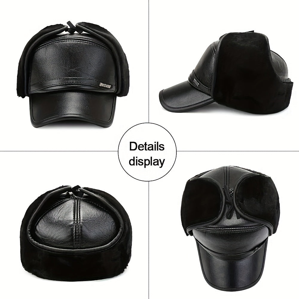 Men's Leather Baseball Cap With Earflaps Winter Warm Hat