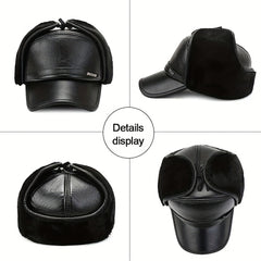 Men's Leather Baseball Cap With Earflaps Winter Warm Hat