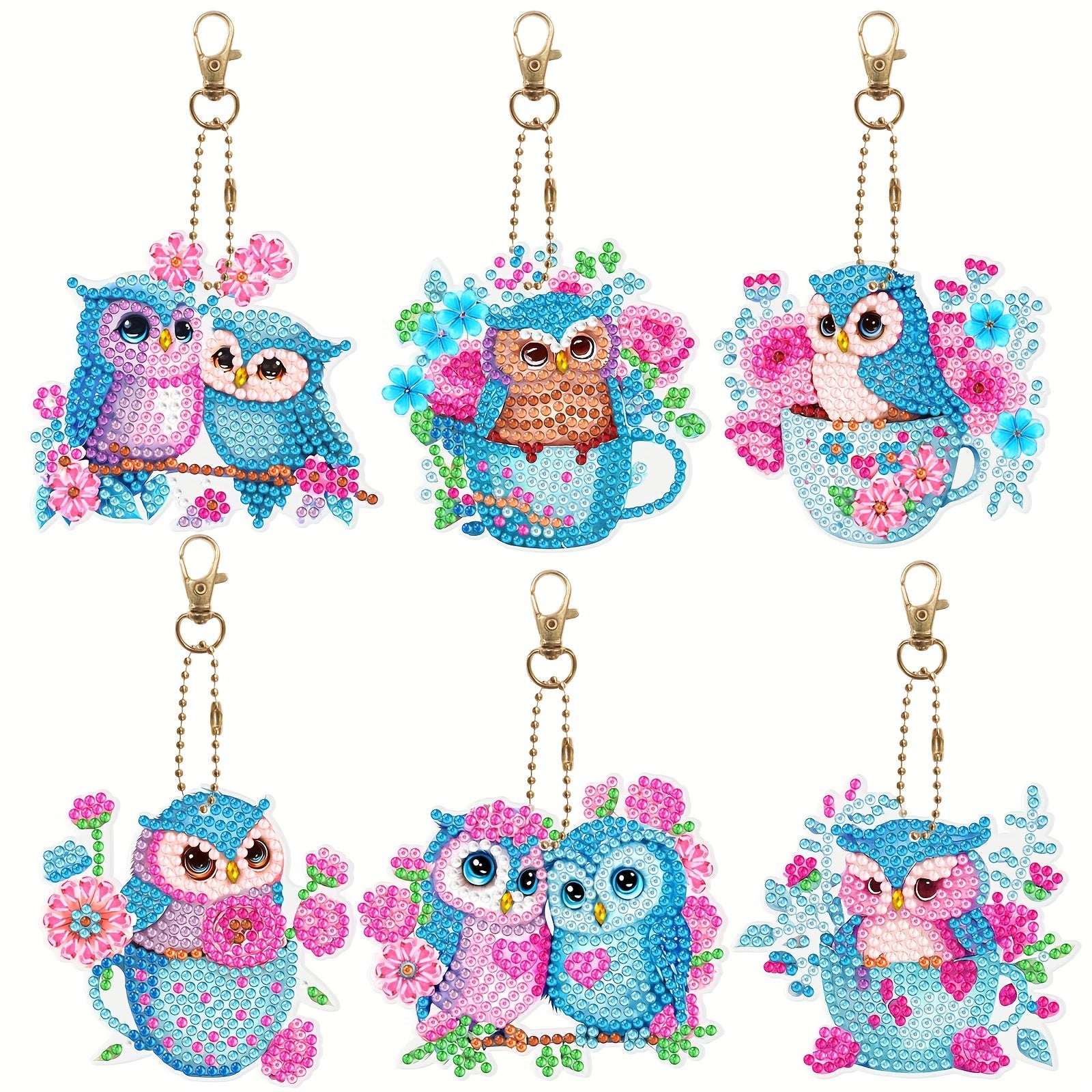 6pcs DIY Pink Owl Diamond Painting Keychain Kit