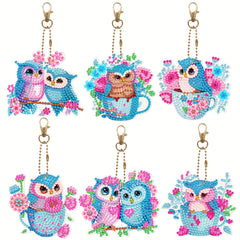 6pcs DIY Pink Owl Diamond Painting Keychain Kit