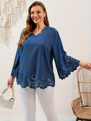 Embroidered Floral Trim V Neck Plus Size Blouse