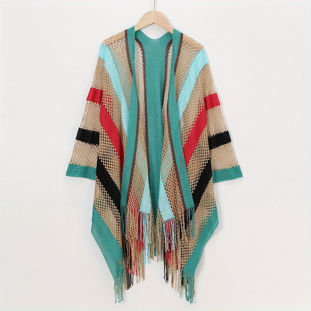 Boho Hollow Out Knitted Shawl Rainbow Striped Tassel Wrap Cover Up