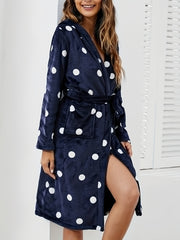 Polka Dot Fuzzy Night Robe Long Sleeve Hooded Robe
