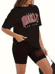 Women's Plus Size Letter Print Tee & Biker Shorts Set