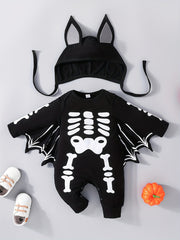 Halloween Bat Skull Print Romper & Hat Baby Outfit