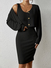 Ribbed Slim Two piece Dress Set Button Front Crop Cardigan & Skinny Tank Dress