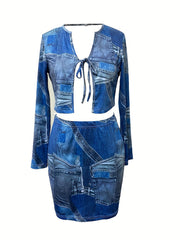 Sexy Tie Dye Two piece Skirt Set Lace Up Crop Top & Bodycon Skirt