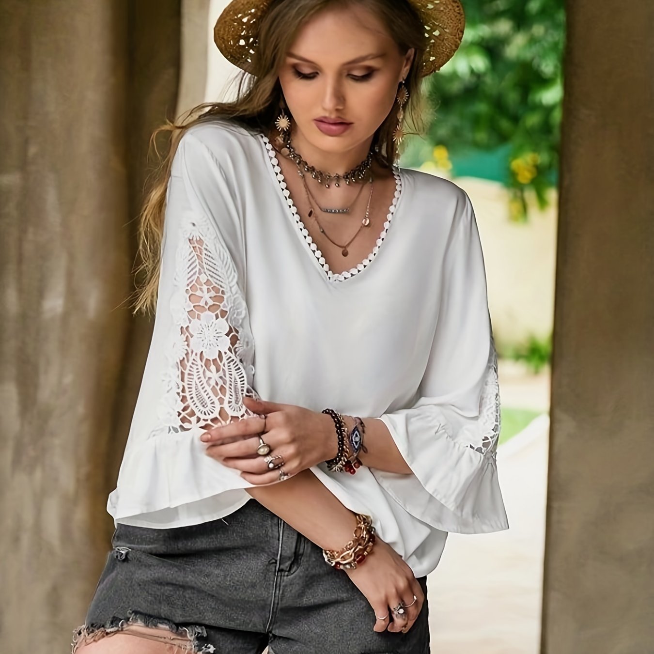 Casual Blouse Women's Plus Solid Contrast Lace Bell Sleeve V Neck Top
