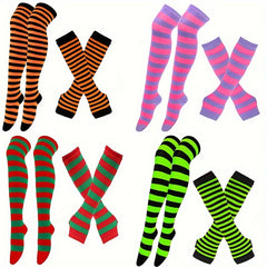 Striped Arm Sleeve Gloves & Thigh High Socks Set for Cosplay & Parties