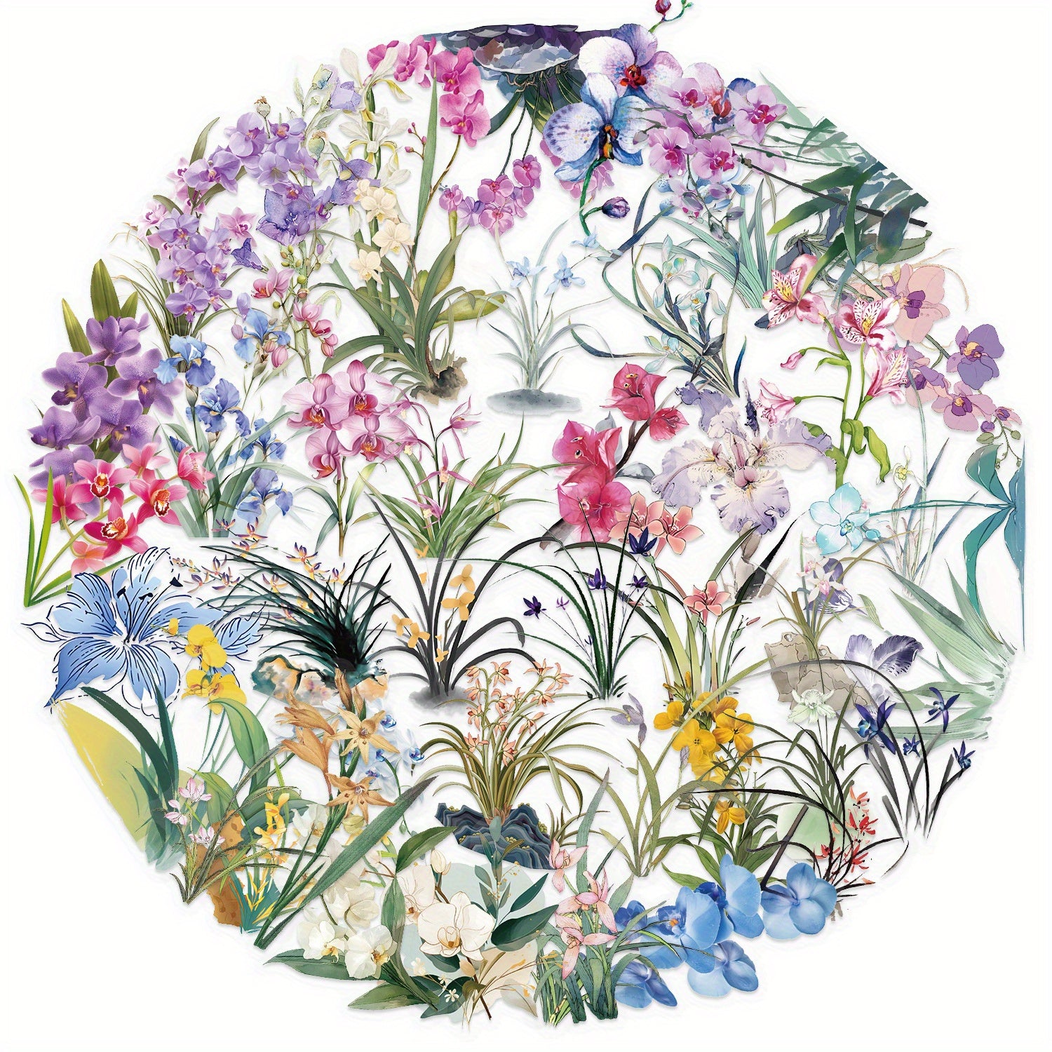 50pcs Transparent Floral Stickers Waterproof PET Vinyl Vibrant Mixed Decals