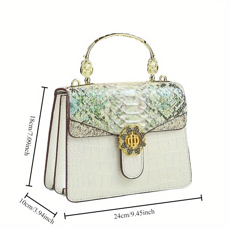 Women's Snake Pattern Handbag with Metal Buckle & Adjustable Strap