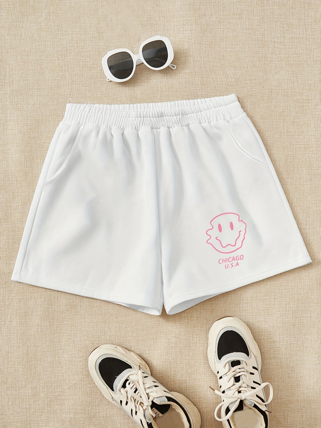 Girls Pink Smile Print Sweat Shorts Elastic Waist