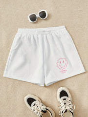 Girls Pink Smile Print Sweat Shorts Elastic Waist