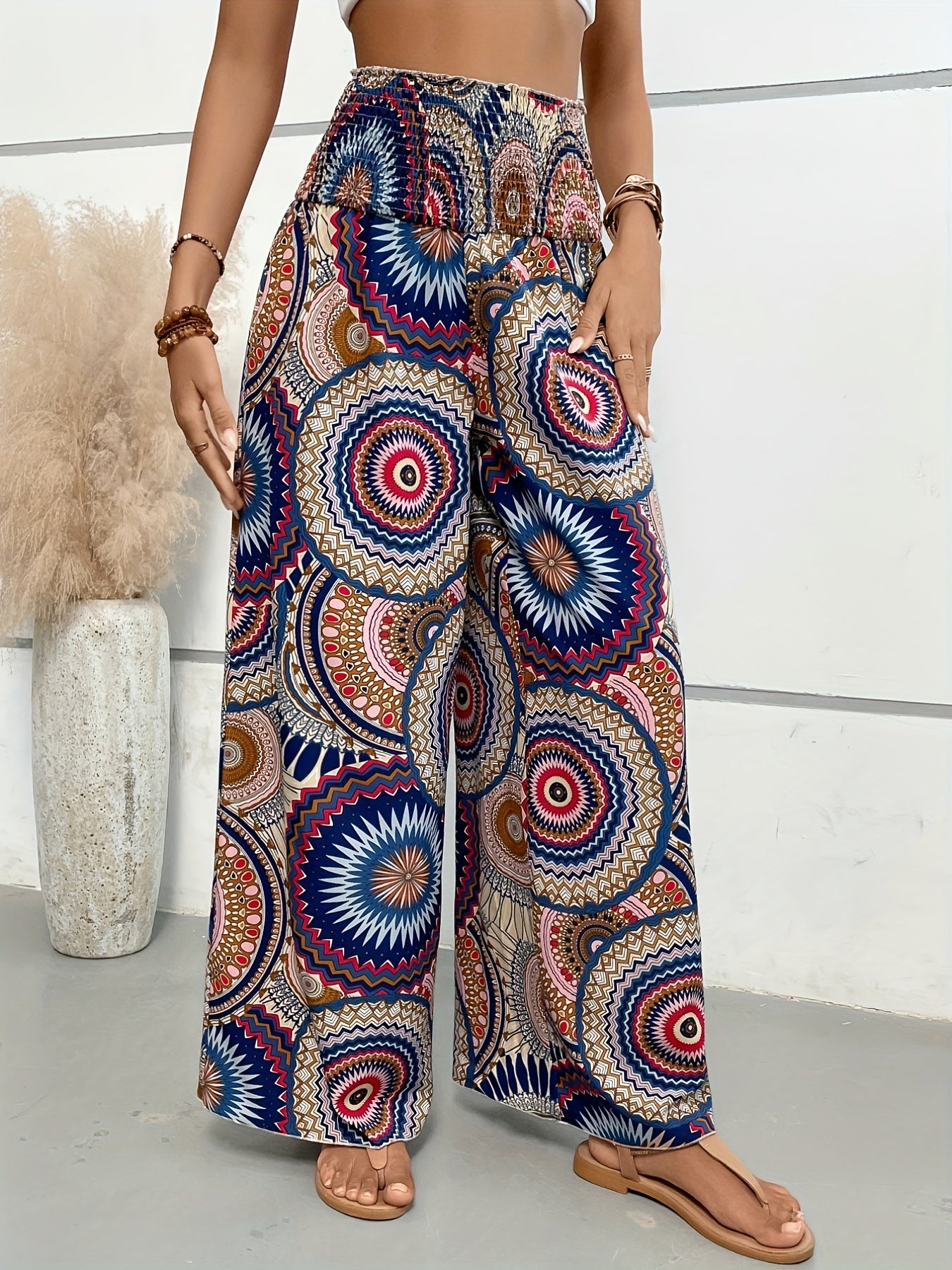 Tropical Print Wide Leg Pants