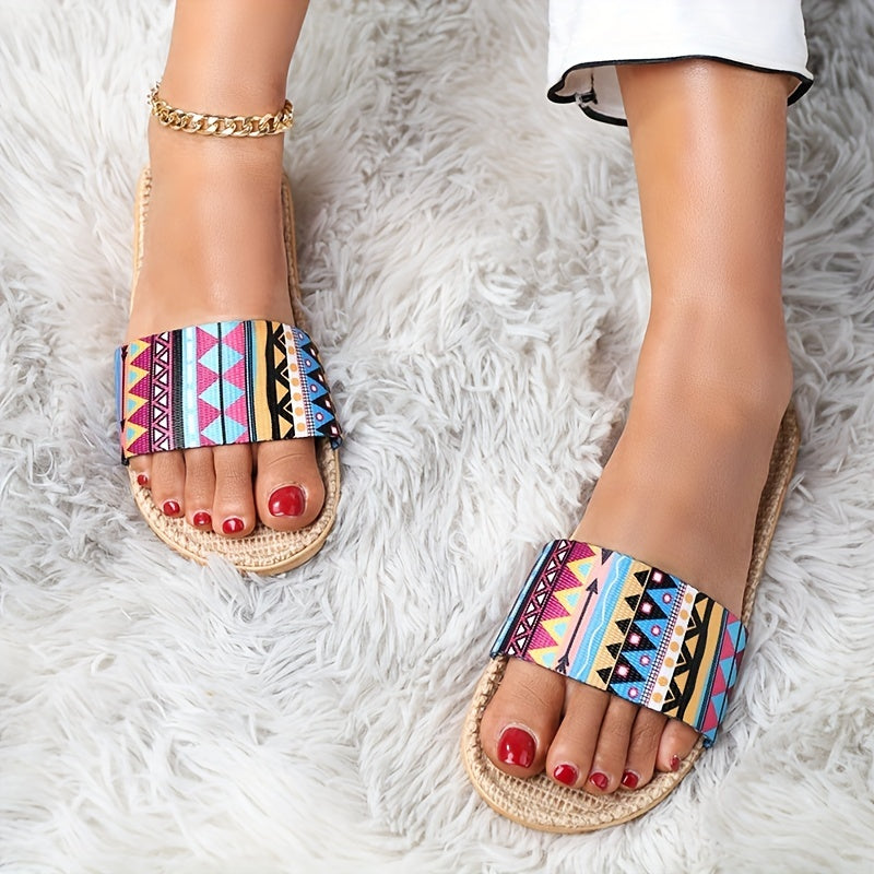Women's Geometric Flat Slides Ultra Light Slip On Shoes Casual Beach Slides