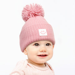 Kids Winter Beanie Knitted Hat Warm Smiling Face Graphic Cap With Pom Pom