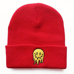 Ear Protection Knit Beanie Hat With Melting Smiley Face Embroidery