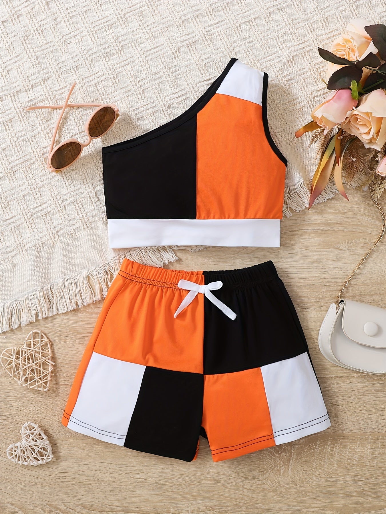 Girls Patchwork One Shoulder Top & Shorts Set For Kids Summer