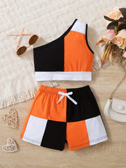 Girls Patchwork One Shoulder Top & Shorts Set For Kids Summer