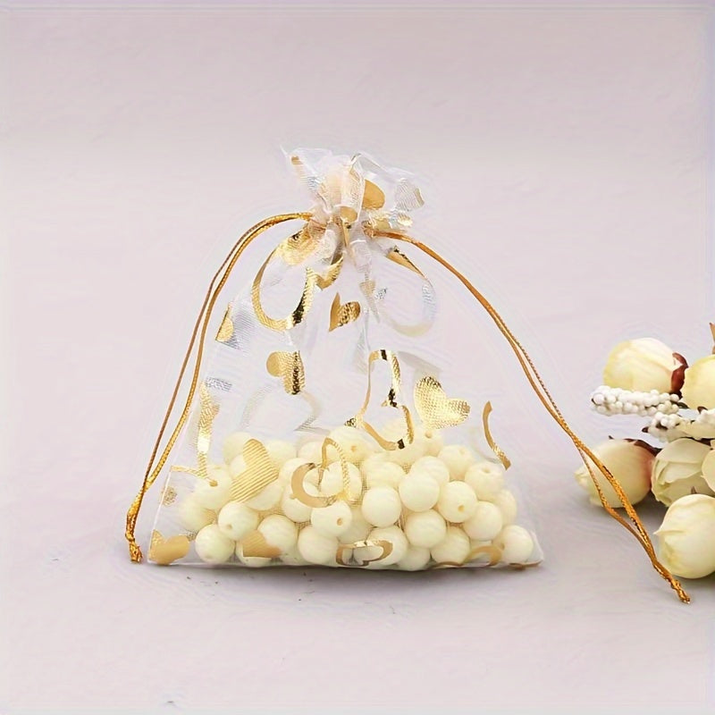 100pcs Heart-Shaped Organza Drawstring Pouch for Gifts, Candy, Jewelry