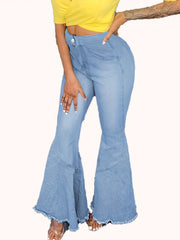 Flared Leg Jeans Button Fly Fringe Trim Casual Washed Womens